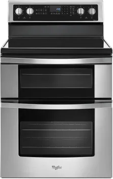 Front view of the Whirlpool WGE745C0FS 30” electric double oven range 