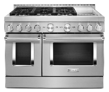 Front view of the KitchenAid KFGC558JSS pro-style range