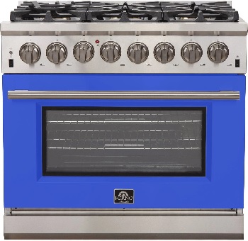 Front view of the FORNO Capriasca collection 36” dual-fuel range in blue