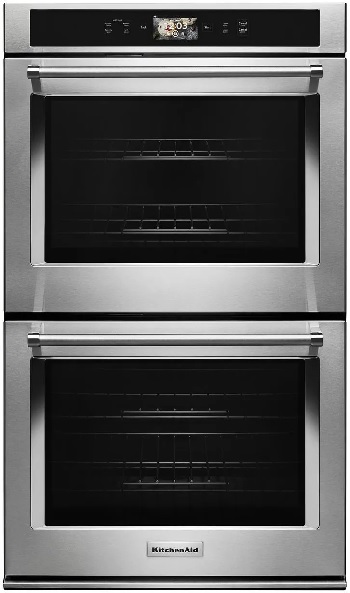 Front view of the KitchenAid KODE900HSS double wall oven 