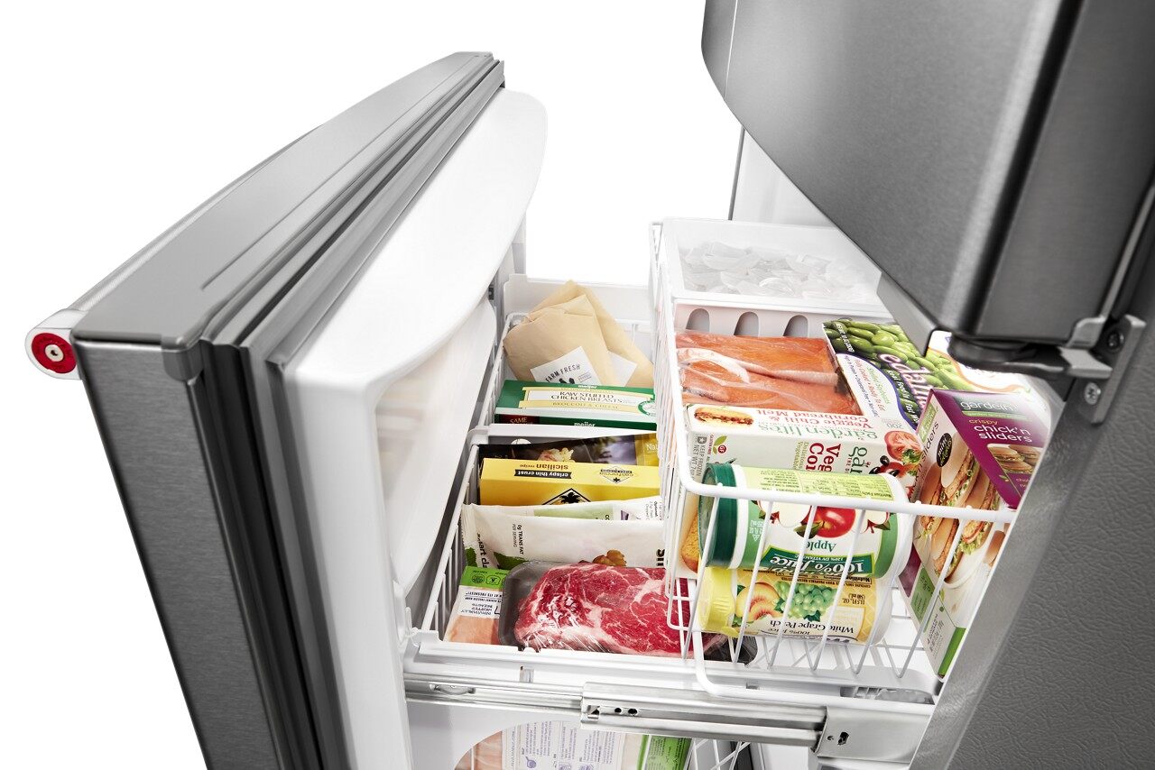 The bottom freezer open on the KitchenAid KRFC300ESS French door refrigerator 