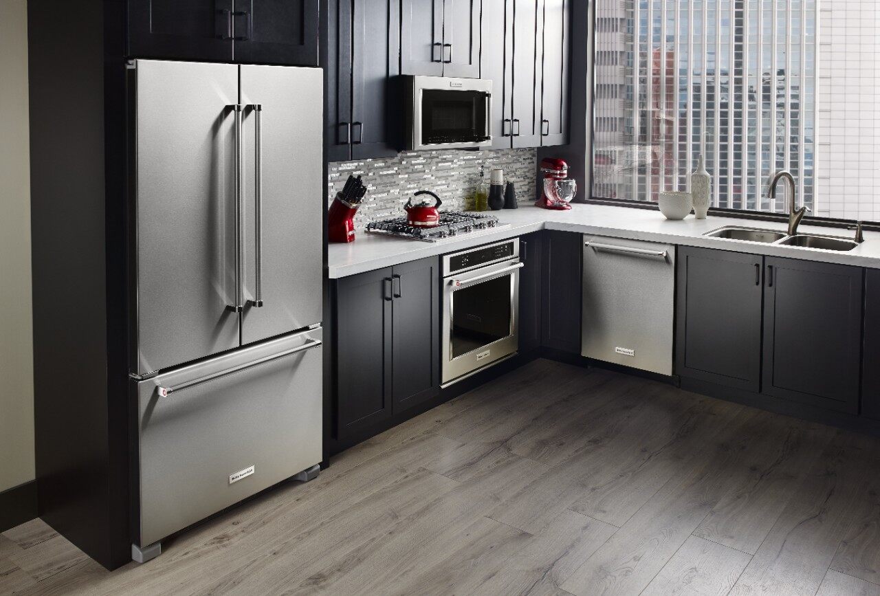 The KitchenAid KRFC300ESS French door refrigerator in a kitchen with matching KitchenAid appliances 