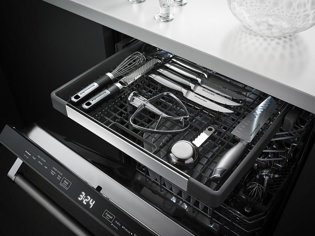 Close up of a third rack on a KitchenAid dishwasher  