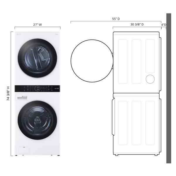 A graphic showing the dimensions for the LG WKEX200HWA WashTower 