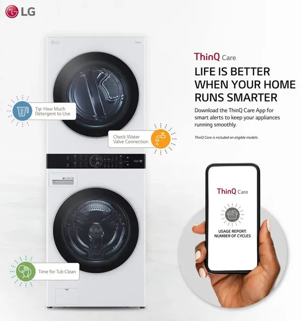 A graphic depicting the LG ThinQ feature on the LG WKEX200HWA WashTower