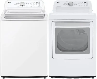 Front view of an WT7155CW LG washer and DLG7151W dryer set 
