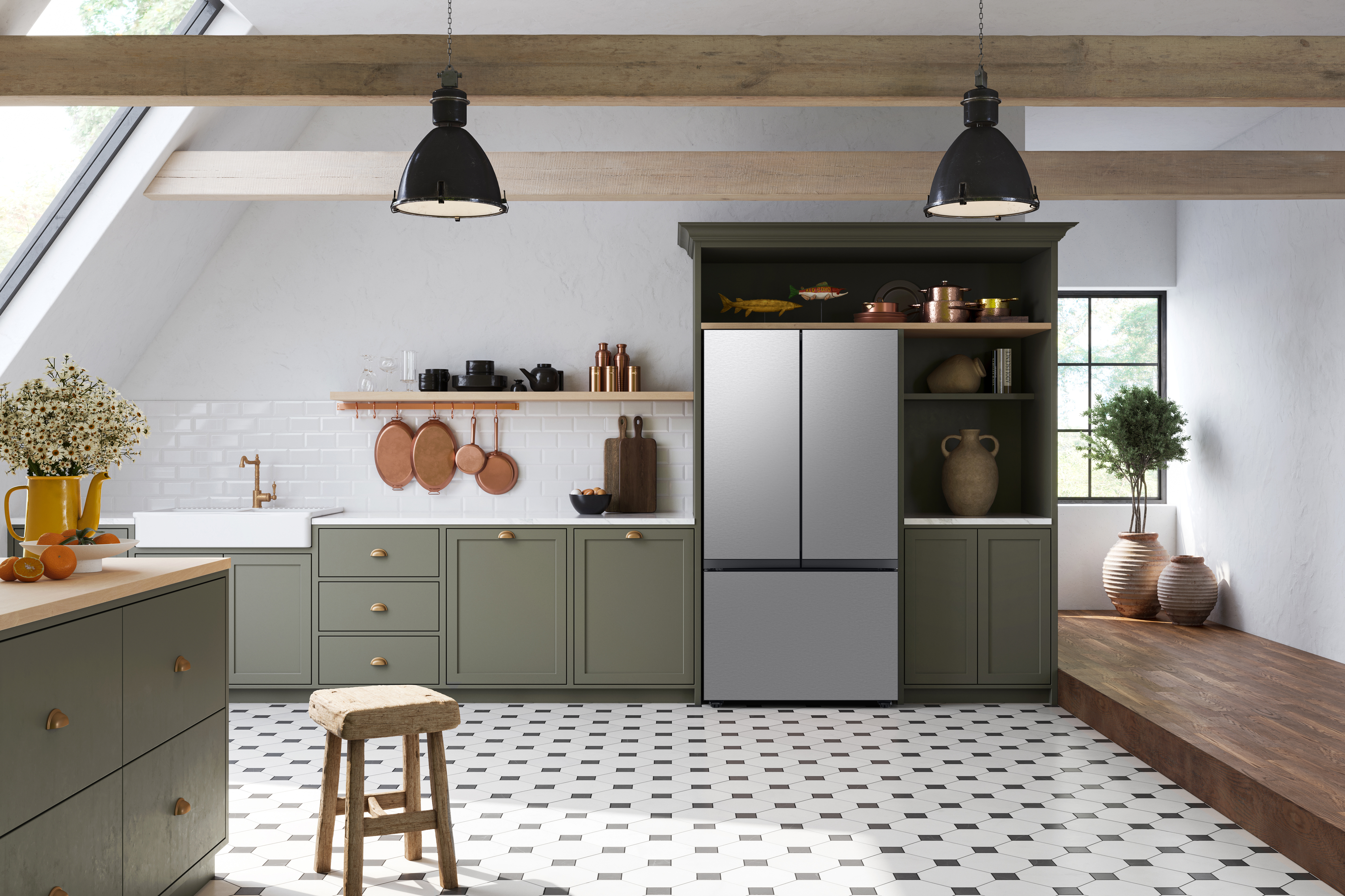 A Samsung French door refrigerator in a modern farmhouse kitchen 