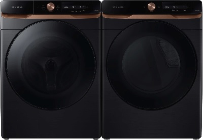 Front view of a Samsung washer and dryer pair featuring the Samsung WF46BG6500AV washer and Samsung DVE46BG6500V dryer. 