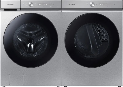 Front view of a Samsung washer and dryer pair featuring the Samsung WF53BB8700AT washer and Samsung DVE53BB8700T dryer 