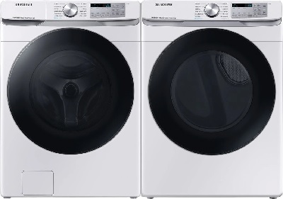 Front view of a Samsung washer and dryer pair featuring the Samsung WF45B6300AW washer and Samsung DVE45B6300W dryer 