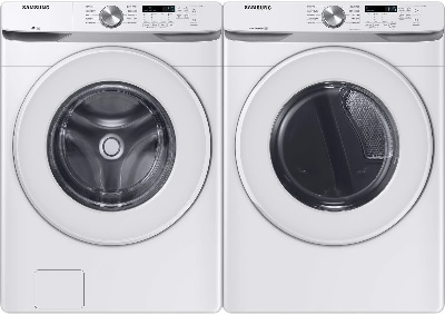 Front view of a Samsung washer and dryer pair featuring the Samsung WF45T6000AW washer and Samsung DVG45T6000W dryer 