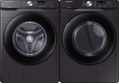 Front view of a Samsung washer and dryer pair featuring the Samsung WF45T6000AV washer and Samsung DVE45T6000V dryer 