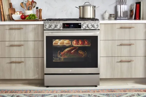 The LG LSGL6335F slide in gas range in a kitchen 
