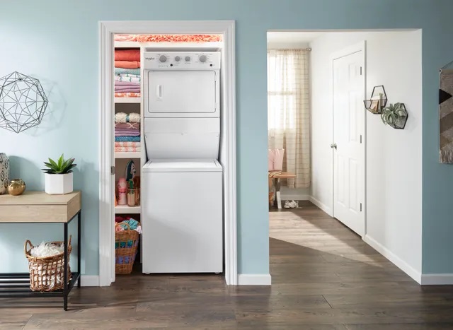 stackable washer and dryer in small open closet