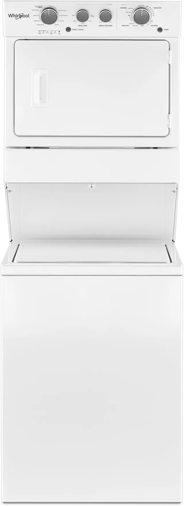 Stock photo of a white Whirlpool stacked washer dryer.