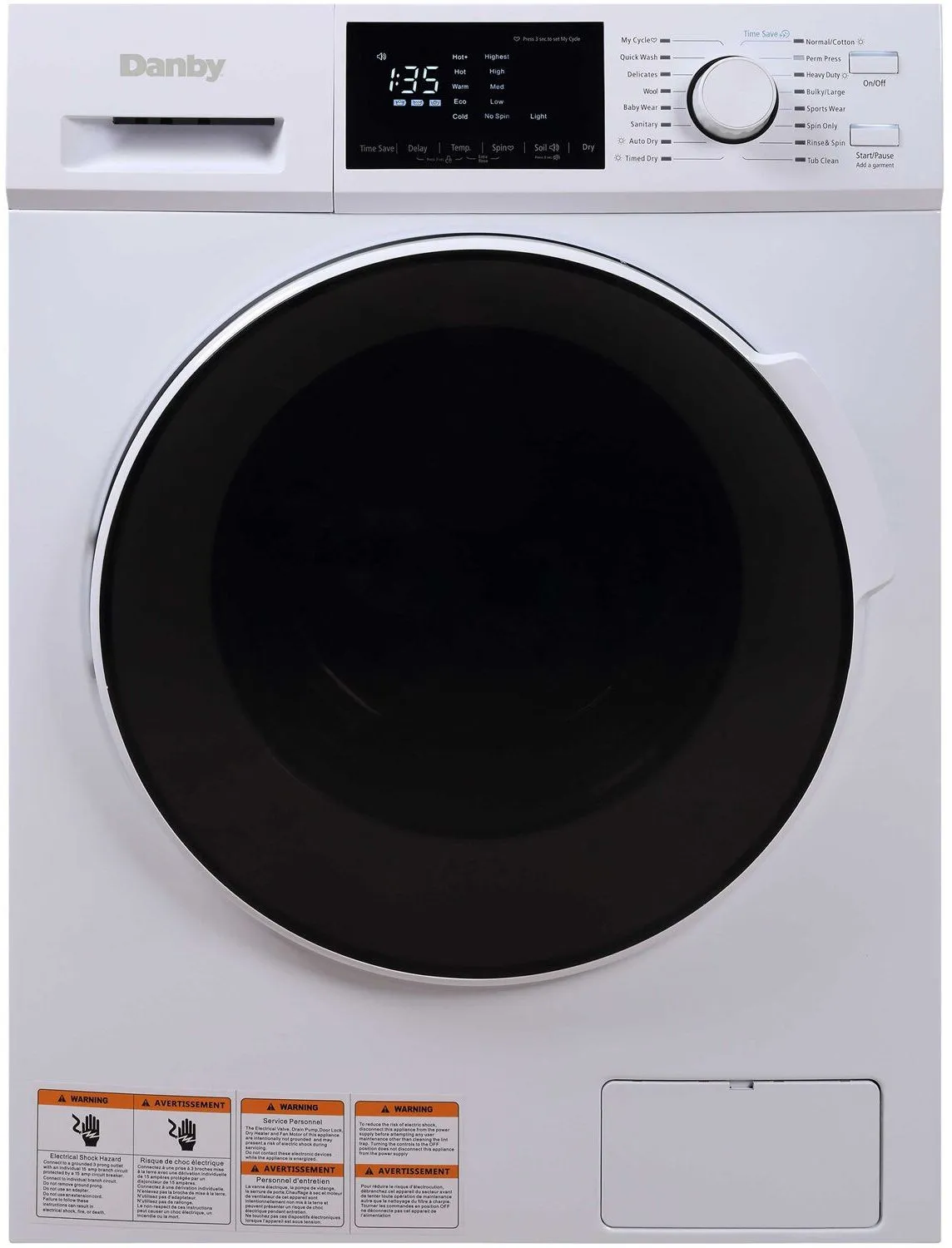 Front view of the Danby DWM120WDB-3 washer dryer combo 