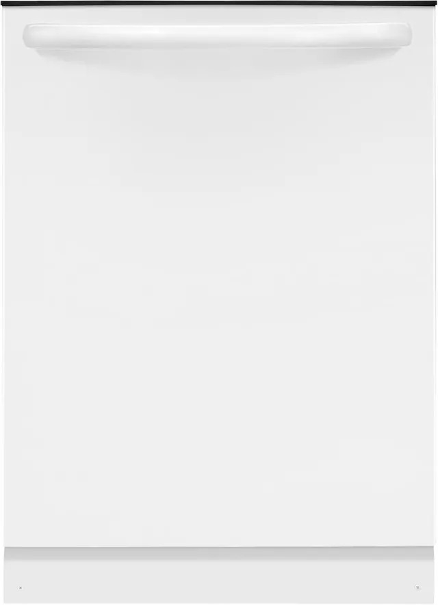 Front view of a Frigidaire white dishwasher 
