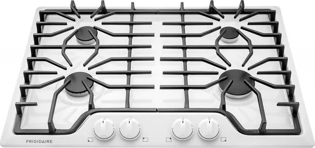 Overhead view of a Frigidaire 30” white gas cooktop 