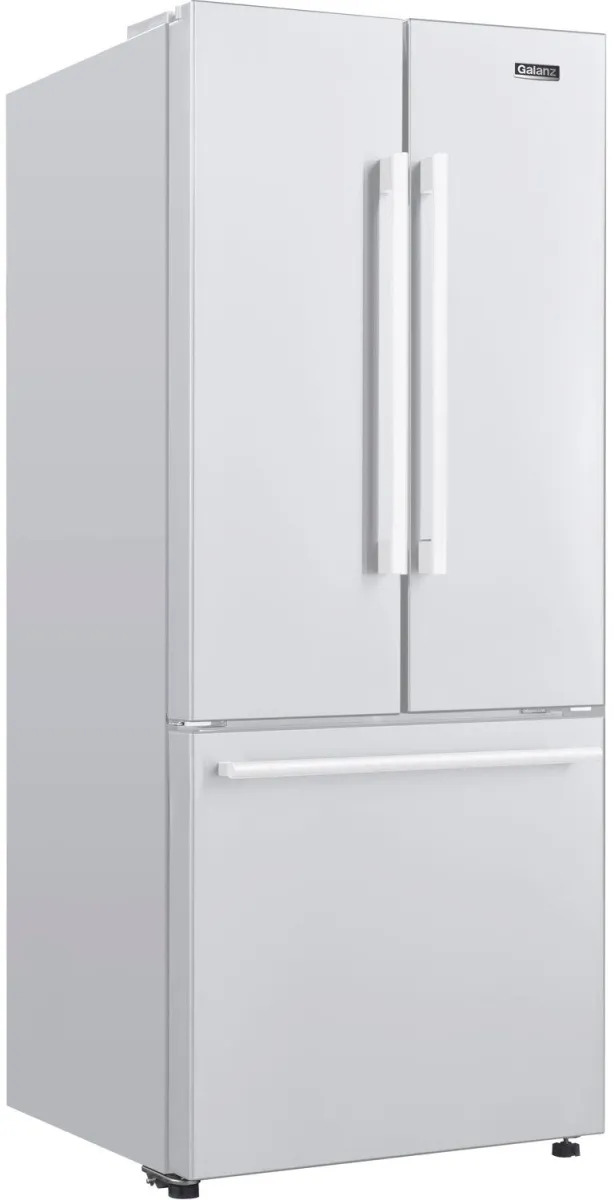Front view of Galanz white French door refrigerator 