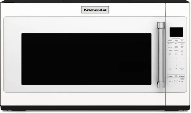 Front view of a KitchenAid white microwave oven 