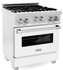 Front view of a Zline 30” white gas range 