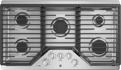 Overhead view of the GE Profile PGP7036SLSS 36” gas cooktop 