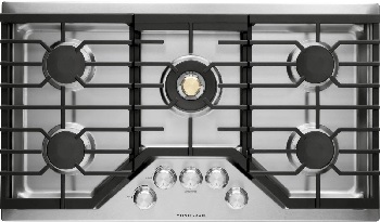 Overhead view of the Monogram ZGU36RSLSS 36” gas cooktop 