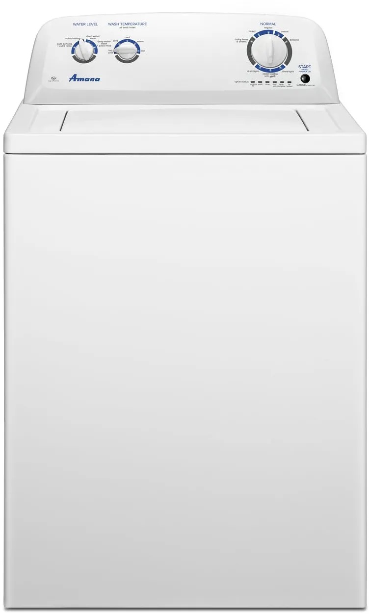 Front view of Amana NTW4516FW top load washer with agitator 