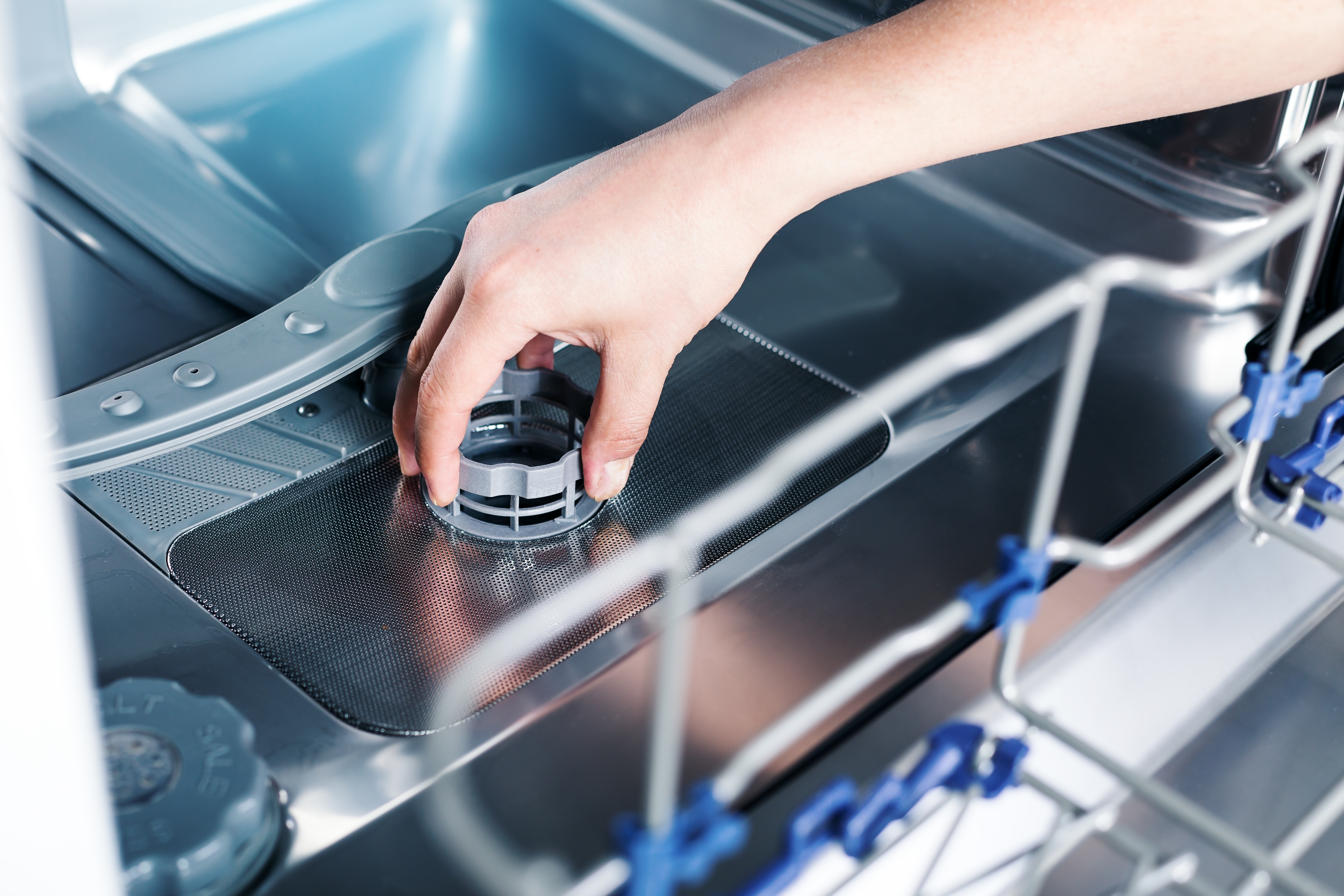 Person removing a filter from a dishwasher 