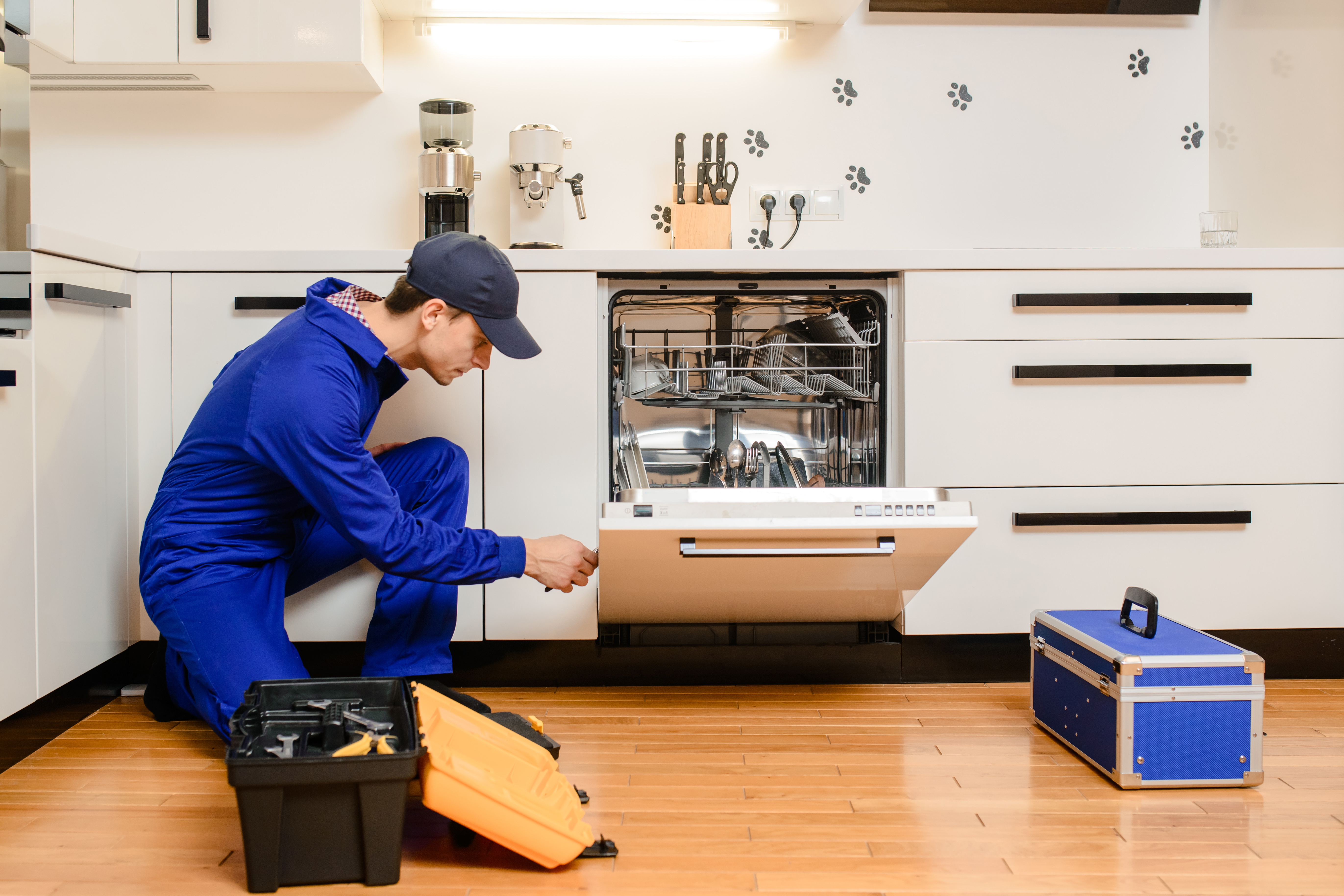Repairman in a blue uniform fixing a dishwasher 