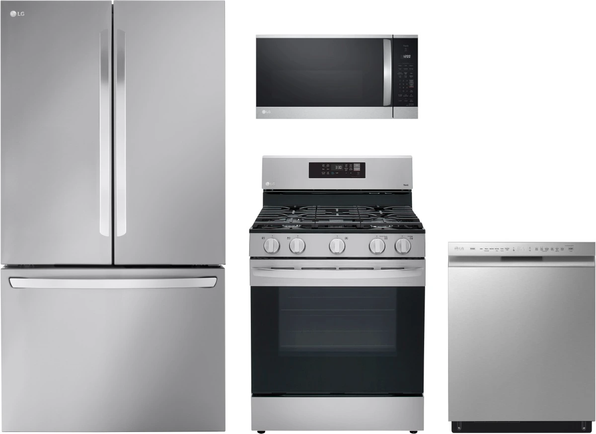 Front view of an LG kitchen package featuring a French door refrigerator, gas range, dishwasher, and over-the-range microwave 