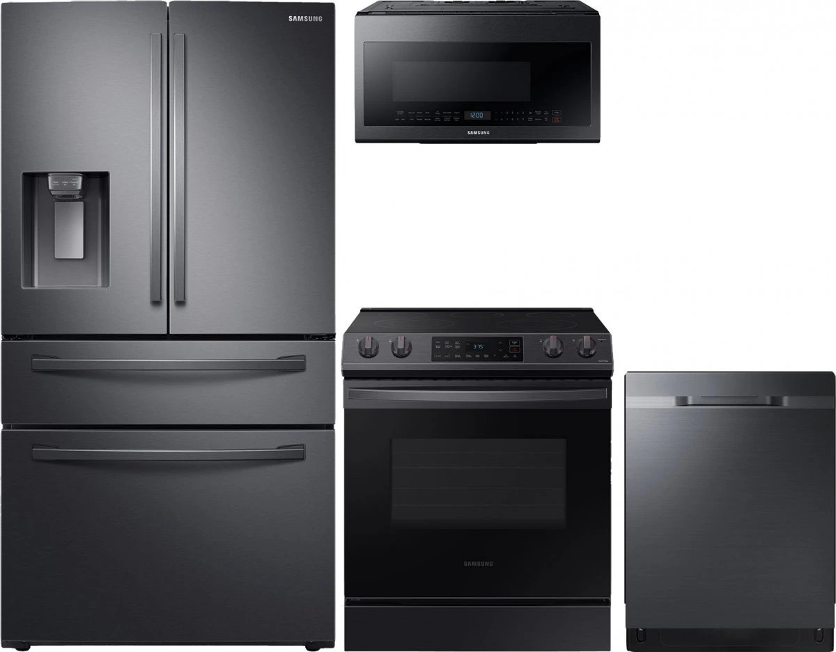 Front view of a Samsung kitchen package featuring a French door refrigerator, slide in electric range, dishwasher, and over-the-range-microwave 