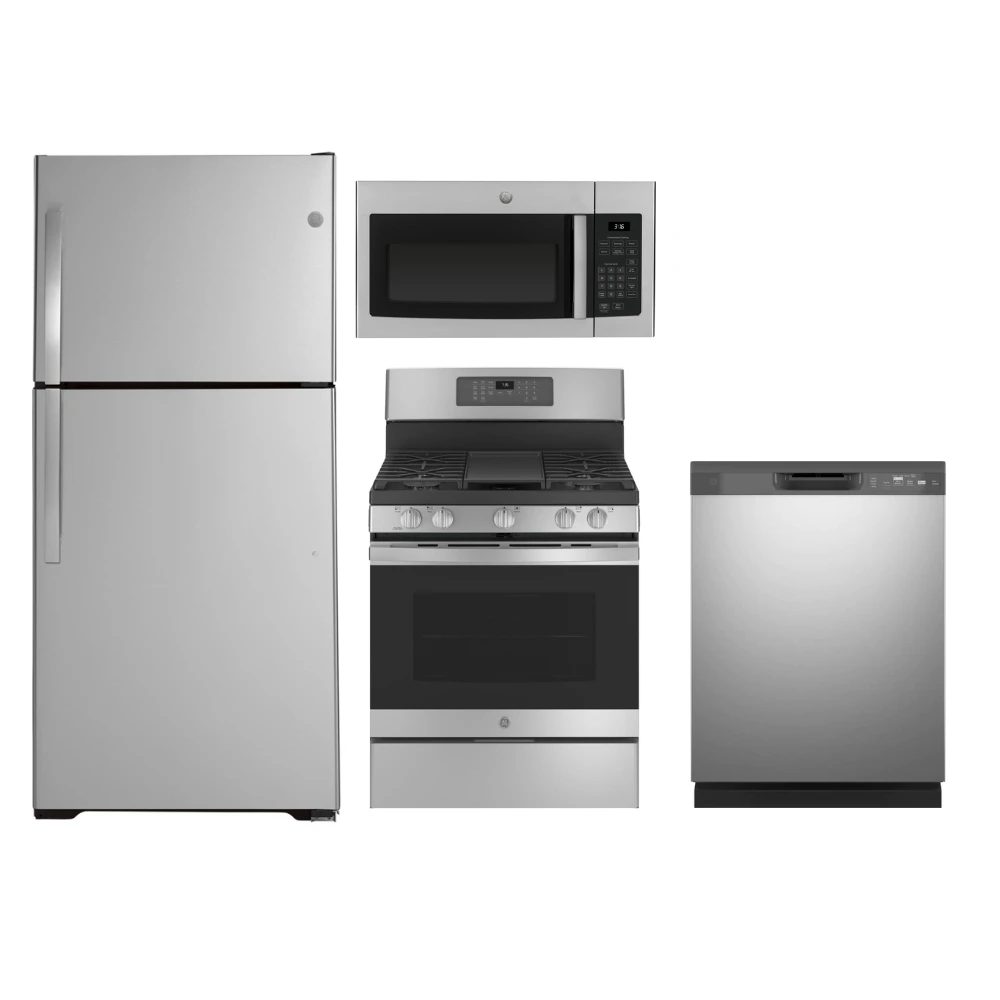Front view of a GE kitchen appliance package featuring a top-freezer refrigerator, gas range, dishwasher, and over-the-range microwave 