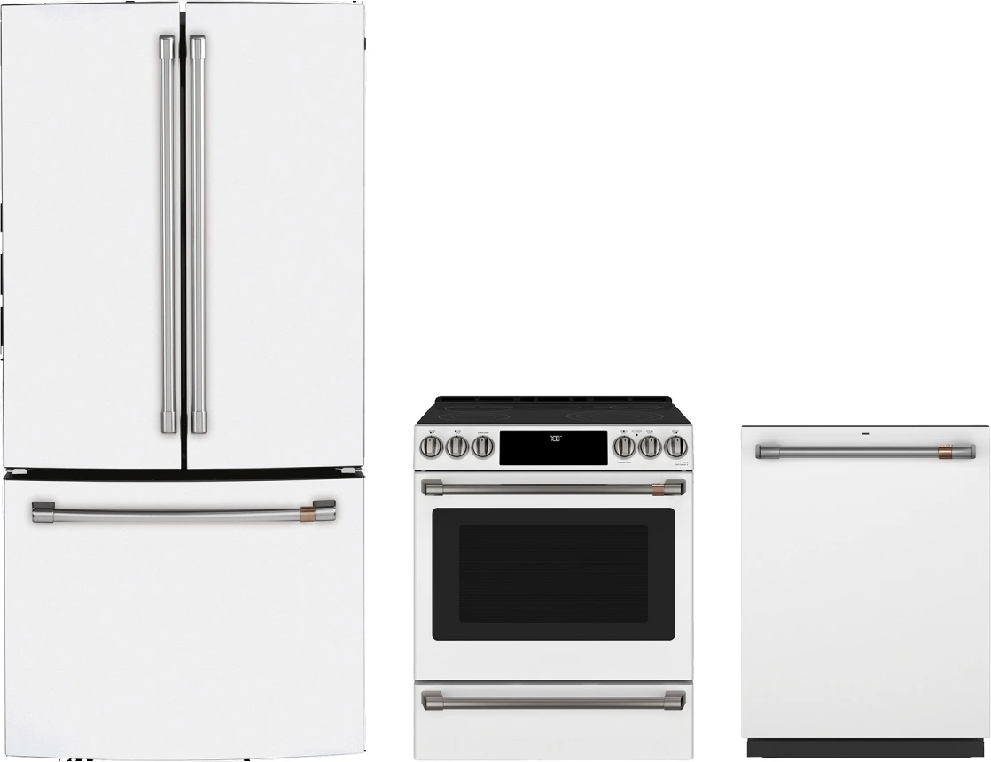 Front view of a Café kitchen appliance package featuring a French door refrigerator, slide in electric range, and a dishwasher 
