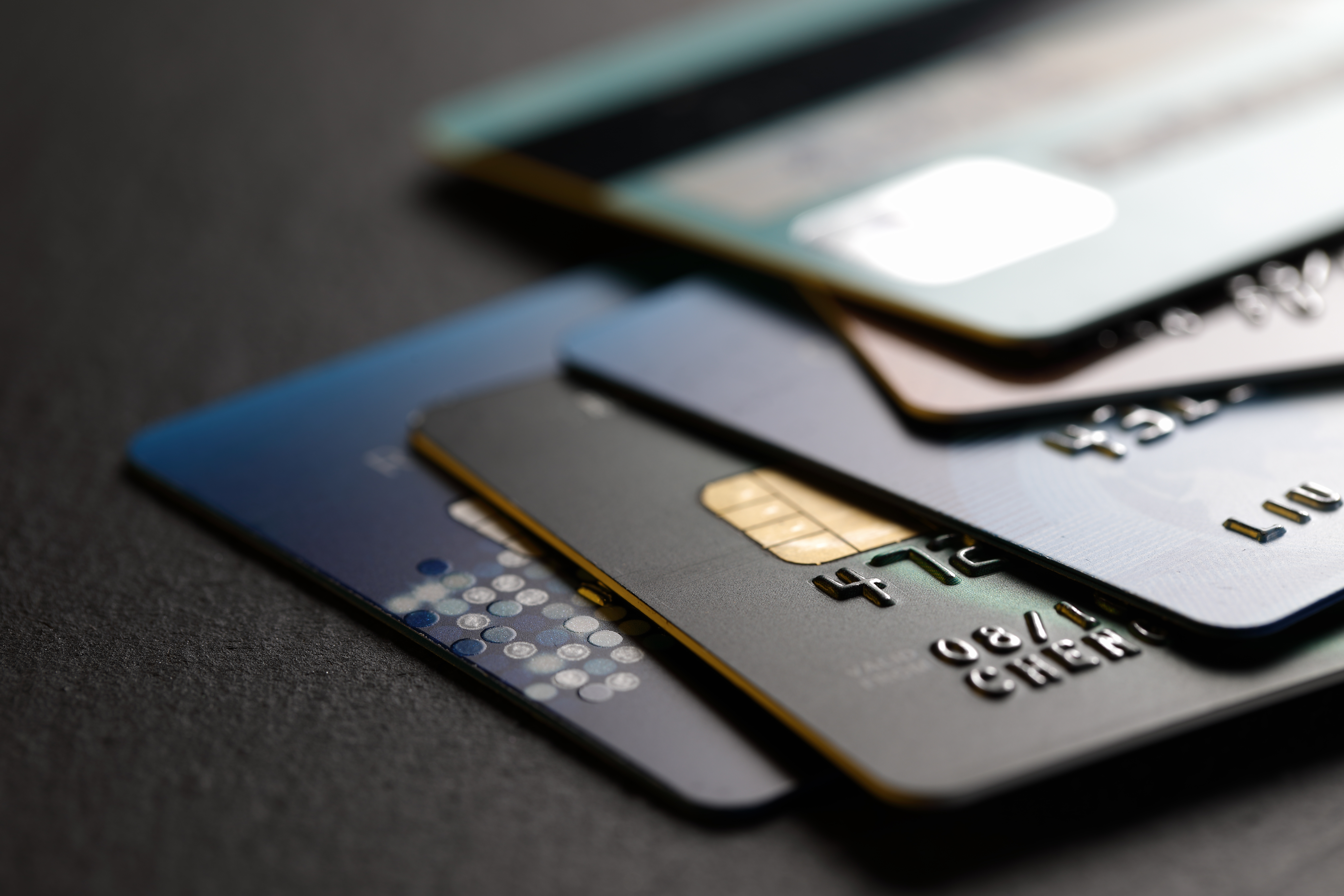 A close up of several credit cards 