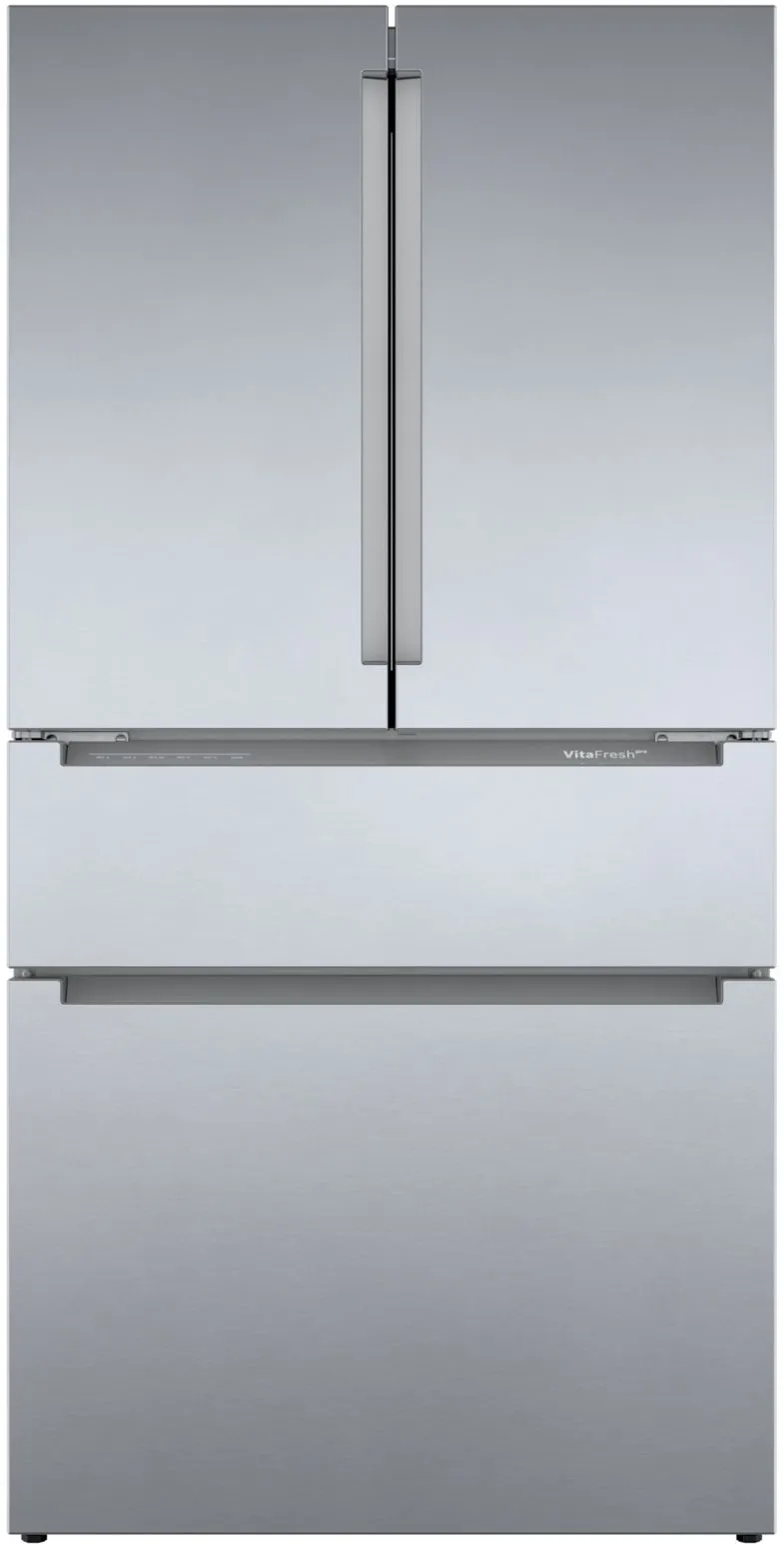 Front view of the Bosch B36CL80ENS 800 Series French door refrigerator 