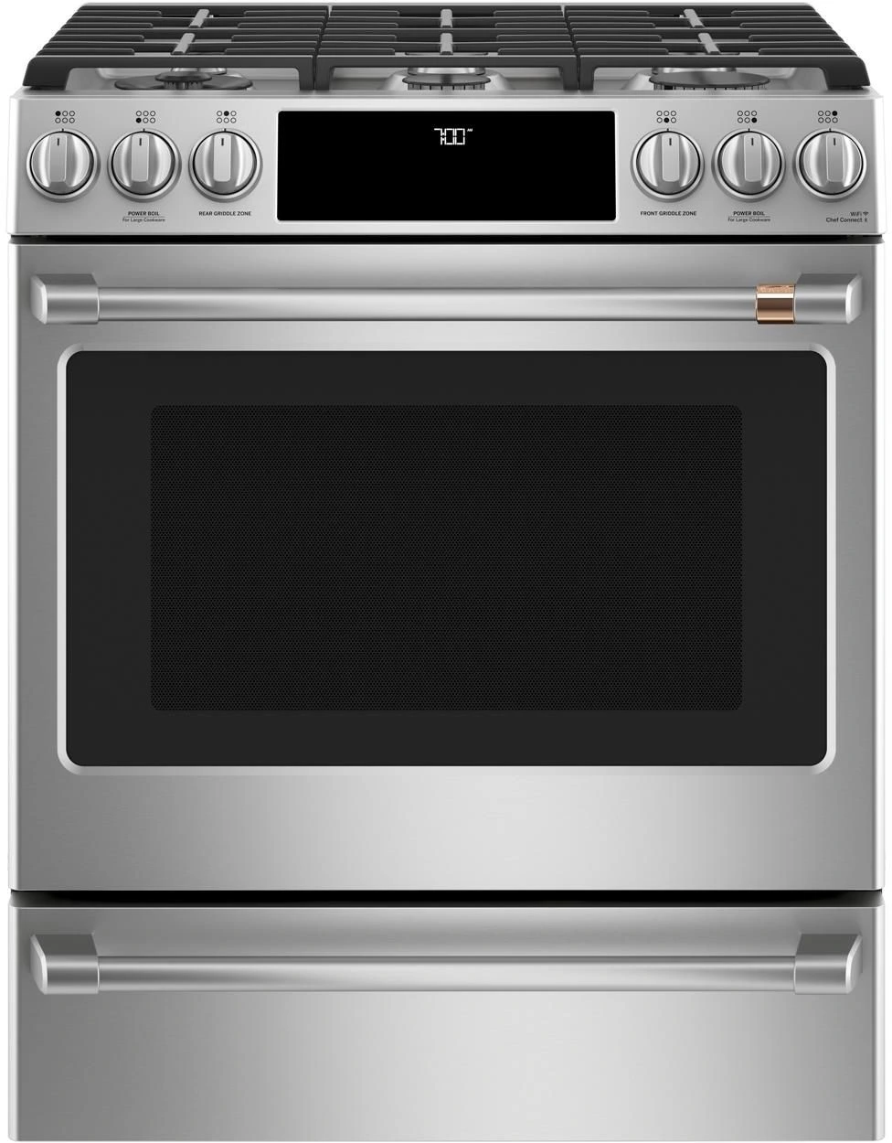Front view of the Café CGS700P2MS1 slide in gas range