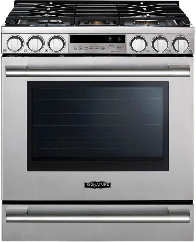 Front view of  Signature Kitchen  Suite UPSG3014ST slide-in range