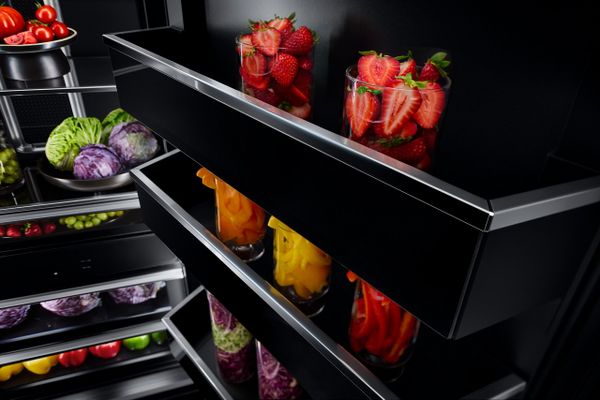 A close look it the interior of a JennAir refrigerator