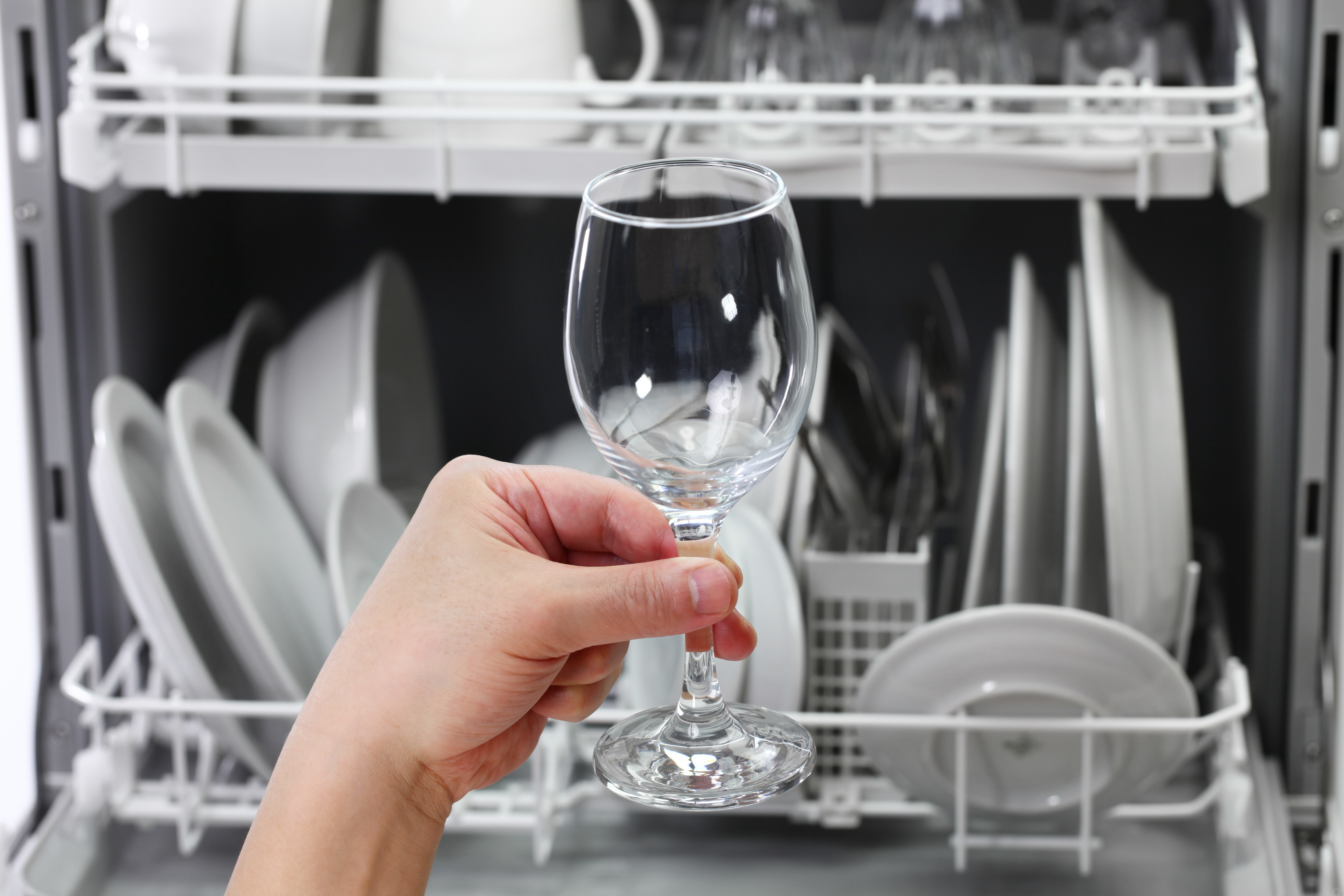 Person pulling a glass flute out of a dishwasher 