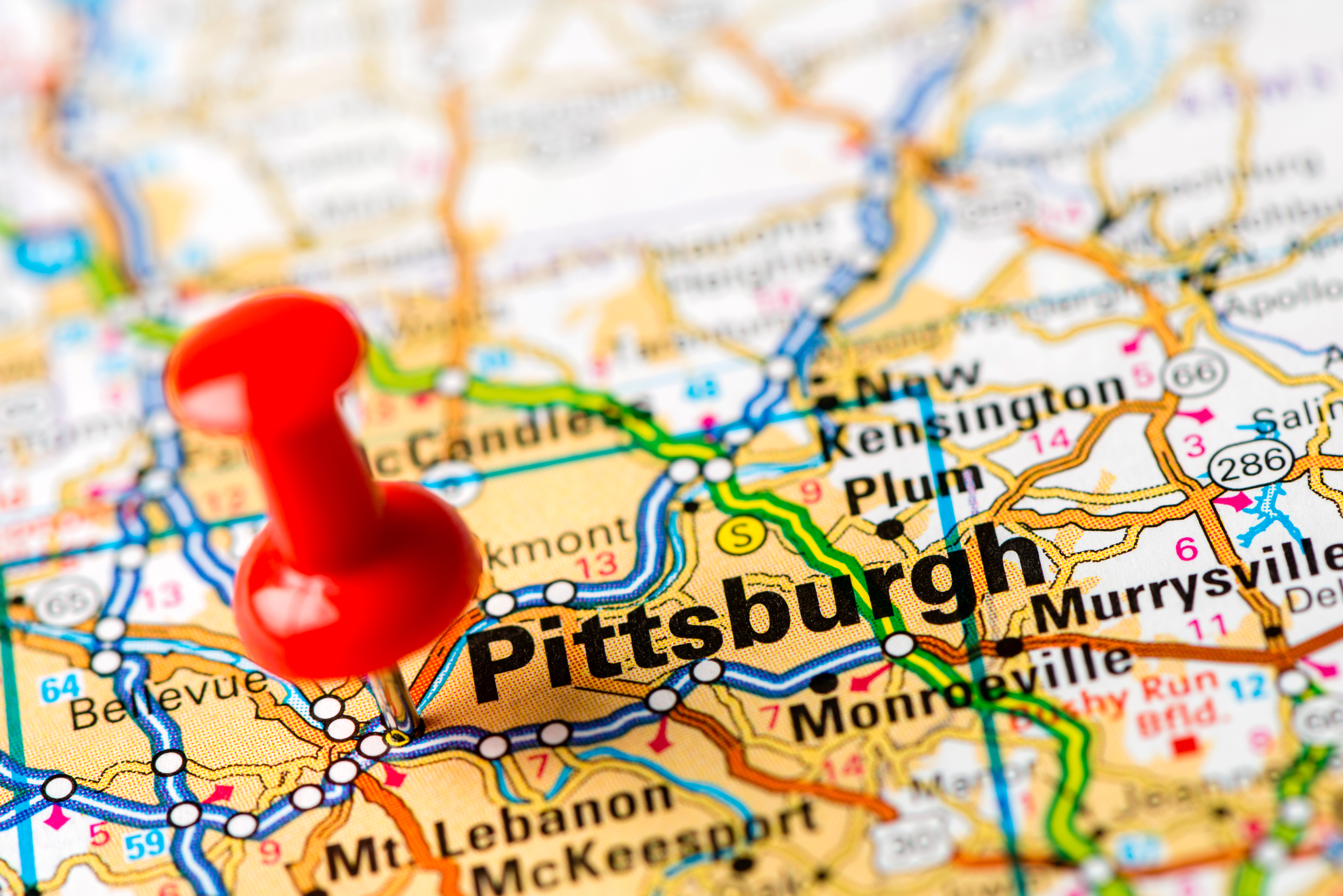Thumbtack on a Pittsburgh map 