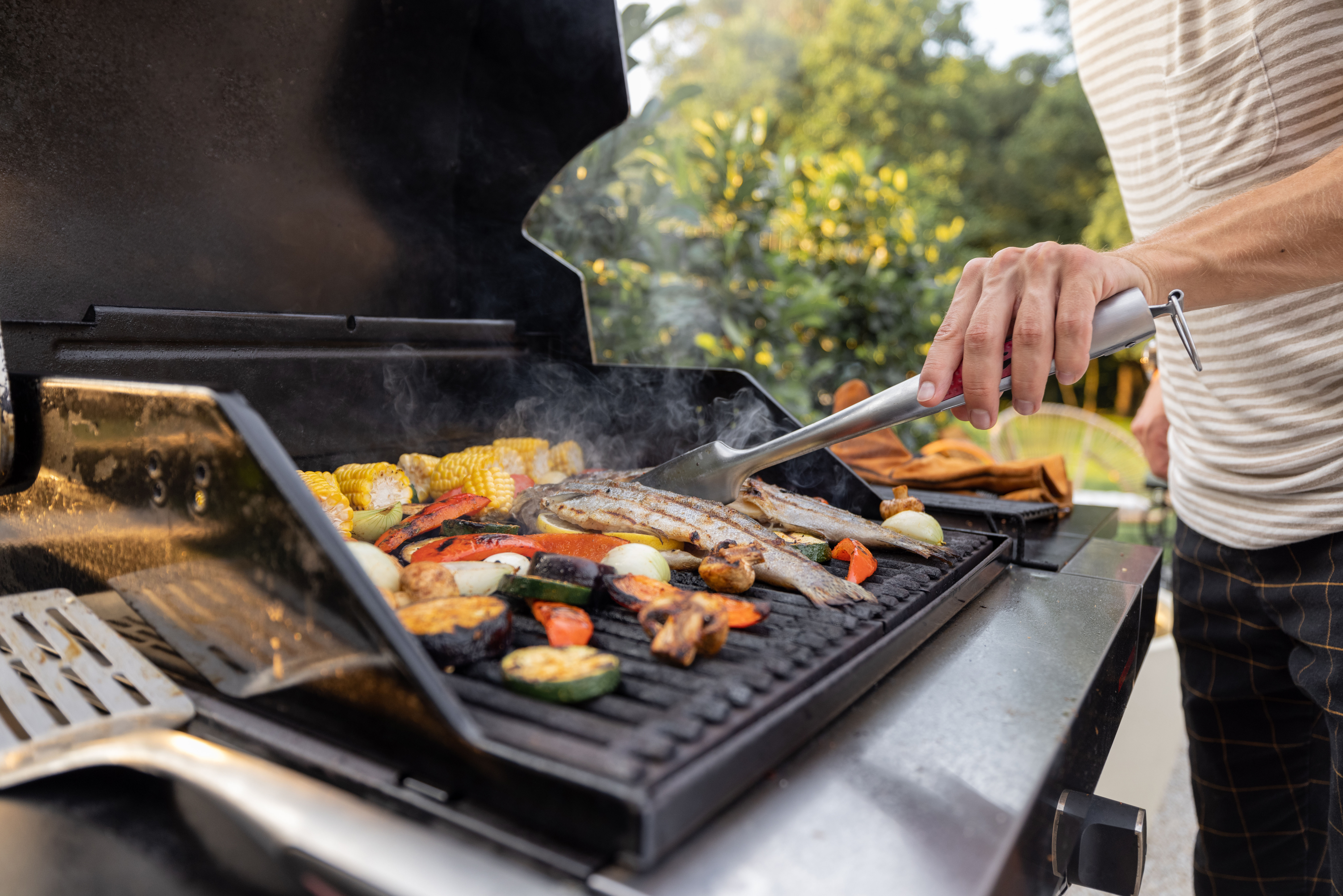 Person grilling vegetables and fish on a gas grill 