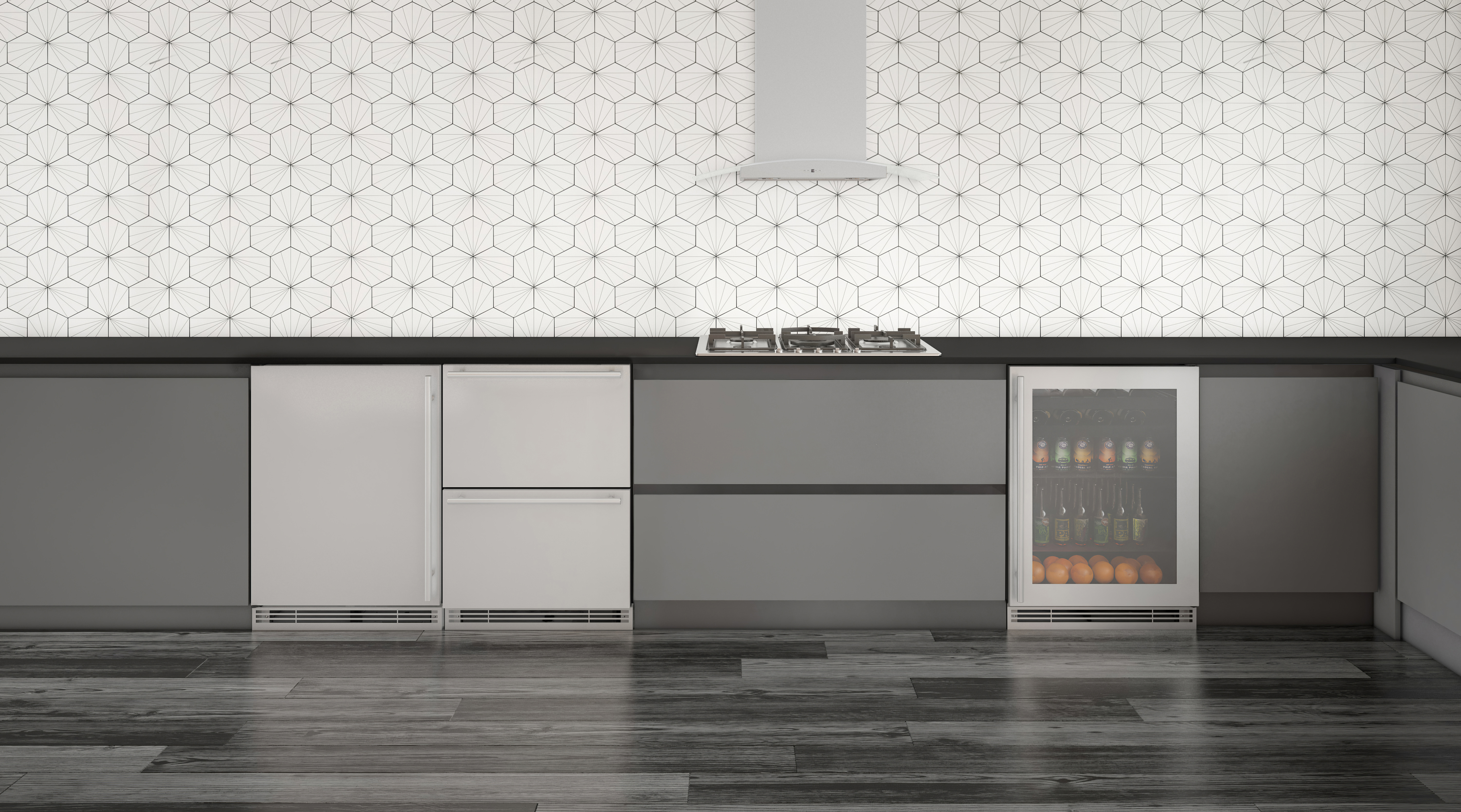 Various U-Line undercounter freezer and refrigerators in a kitchen 
