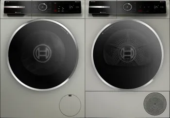 Front view of a Bosch WGB246AXUC washer and WGB246AXUC dryer pair 