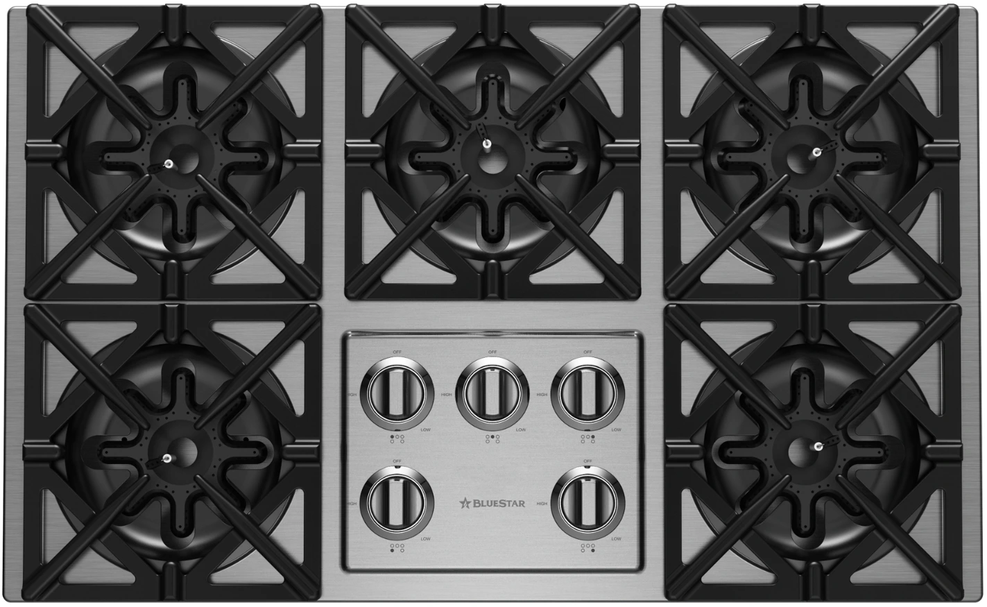 Overhead view of the BlueStar RBCT365BSSV2 36” gas cooktop 