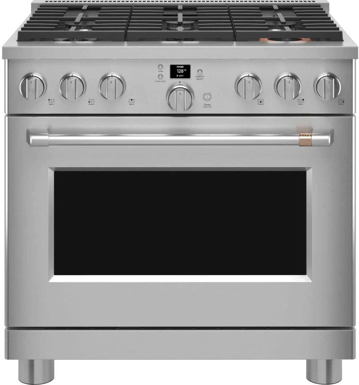 Front view of the Café CGY366P2TS1 36” pro-style gas range 