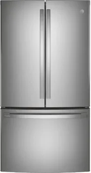 Front view of the GE Profile PWE23KYNFS French door refrigerator 