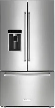 Front view of the KitchenAid KRFC704FPS French door refrigerator 