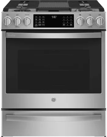 Front view of the GE P2S930YPFS dual fuel range