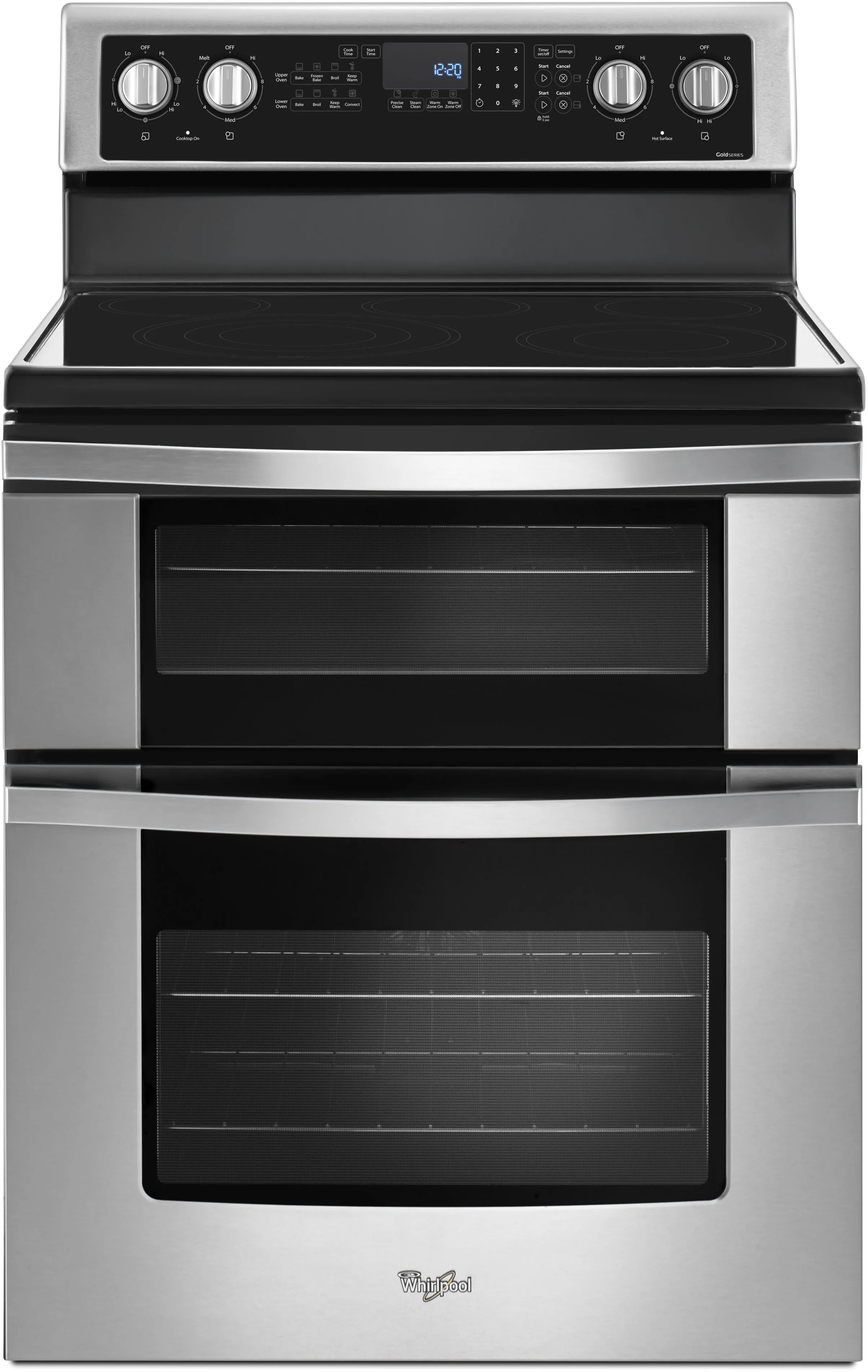 Front view of Whirlpool WGE745C0FS 30” electric double oven range 